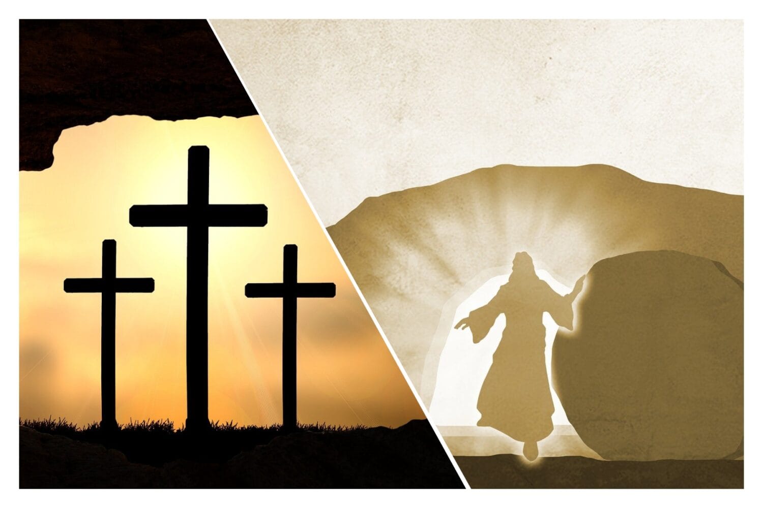 Tre kors i motljus och kristusgestalt vid den öppna graven