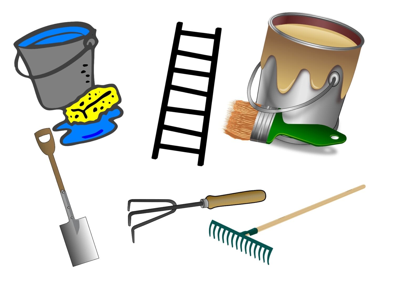 Hink med svamp, stege, färgburk, spade, rabatthacka och kratta